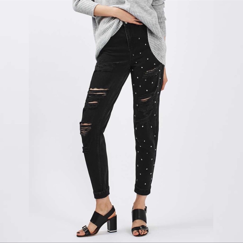 Topshop Moto Mom Studded Super Ripped Jeans Size 28 Black